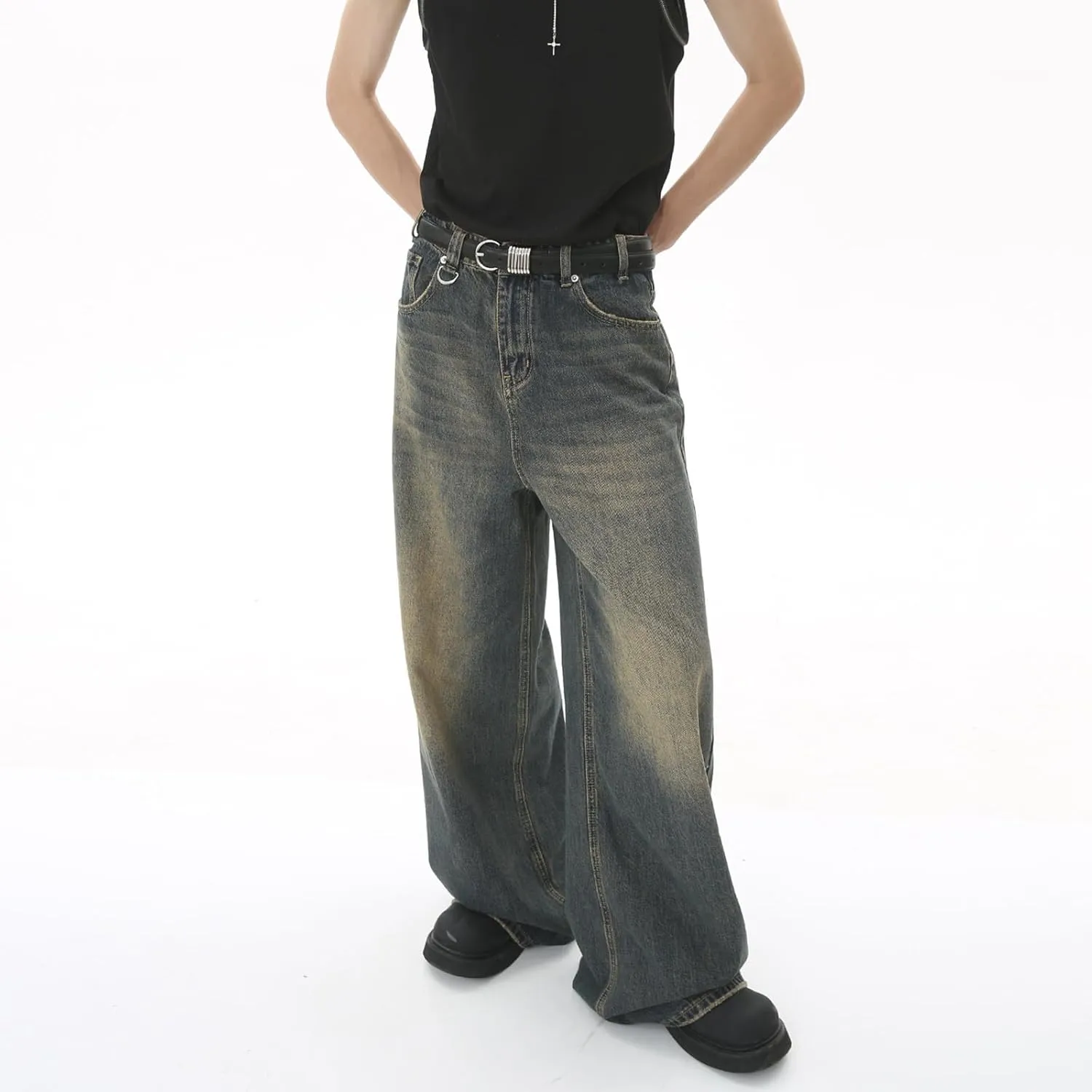 Men's Loose Wide Leg Jeans, Men Baggy Relaxed Fit Retro Jeans Y2K Hip Hop Casual Harajuku Denim Pants Vintage Streetwear