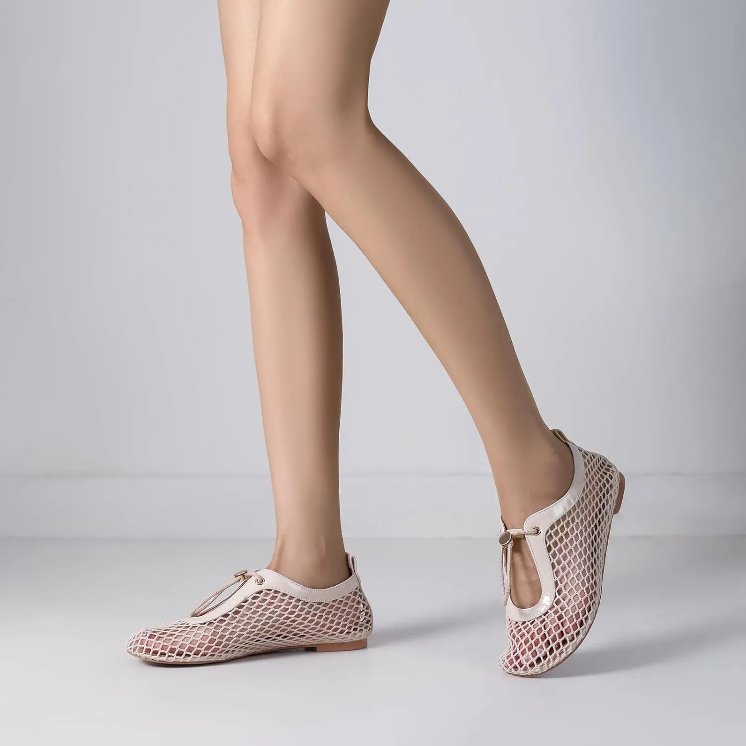 Mesh Ballet Flats for Women Round Toe Mary Janes Fishnet Drawstring Casual Comfortable Office Ballerina Flat Shoes