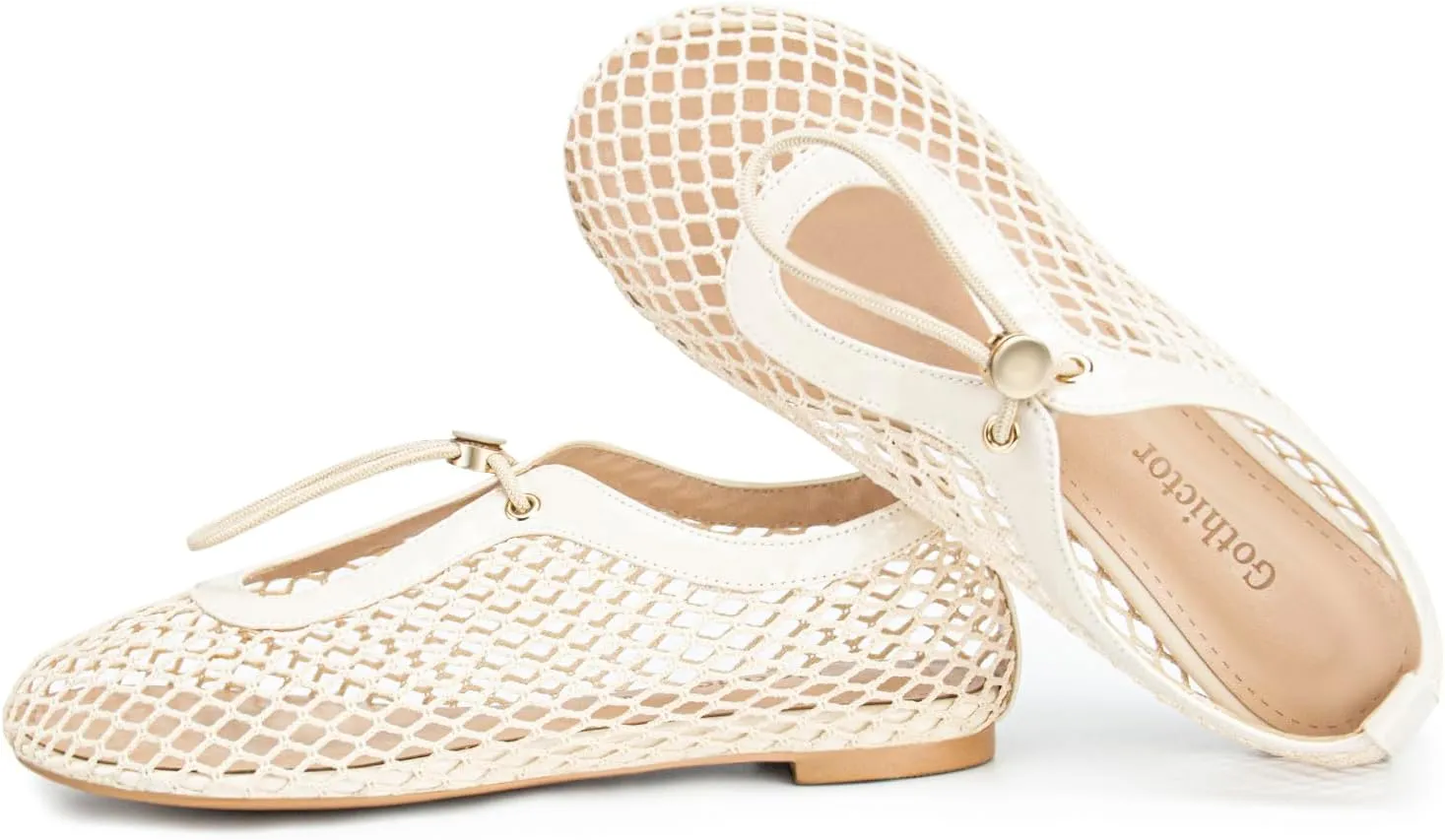 Mesh Ballet Flats for Women Round Toe Mary Janes Fishnet Drawstring Casual Comfortable Office Ballerina Flat Shoes