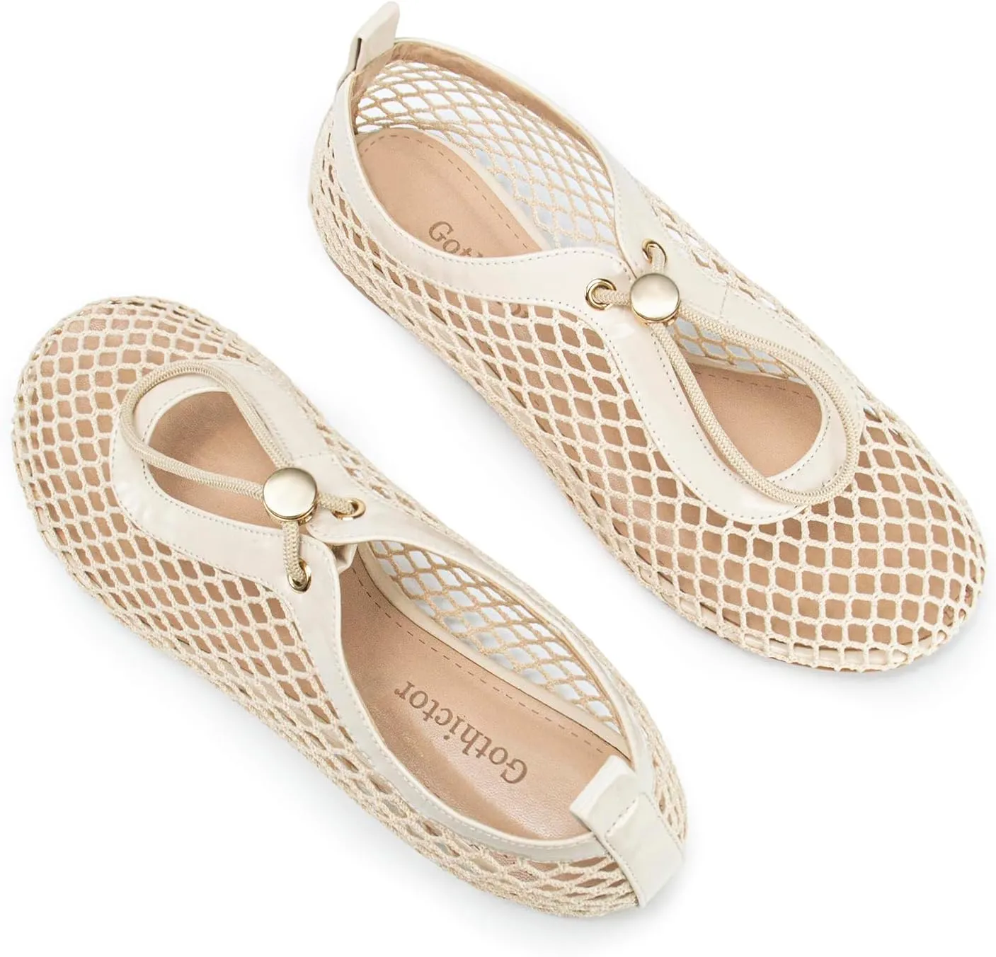 Mesh Ballet Flats for Women Round Toe Mary Janes Fishnet Drawstring Casual Comfortable Office Ballerina Flat Shoes