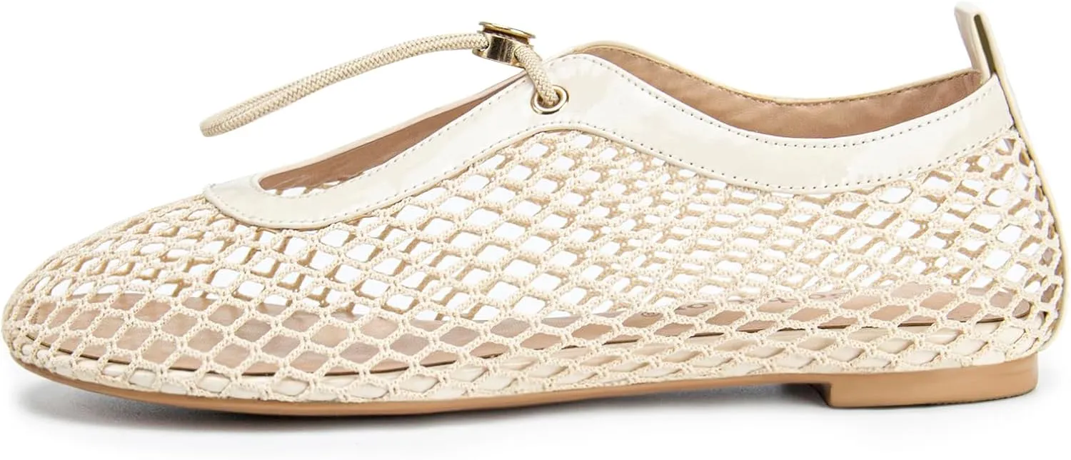 Mesh Ballet Flats for Women Round Toe Mary Janes Fishnet Drawstring Casual Comfortable Office Ballerina Flat Shoes