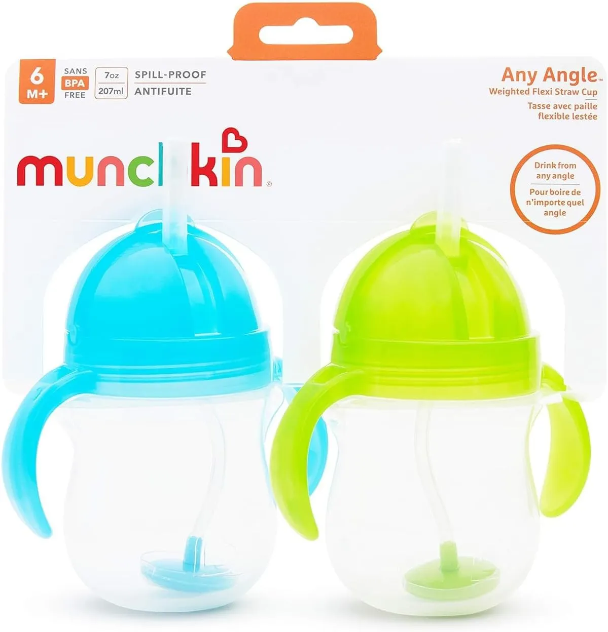 Munchkin Weighted Straw Sippy Cups for Toddlers 7oz, Leak Proof, Easy to Hold-Great toddler cups with straws, Supports Straw-use Education, Straw Cups (Blue/Green)