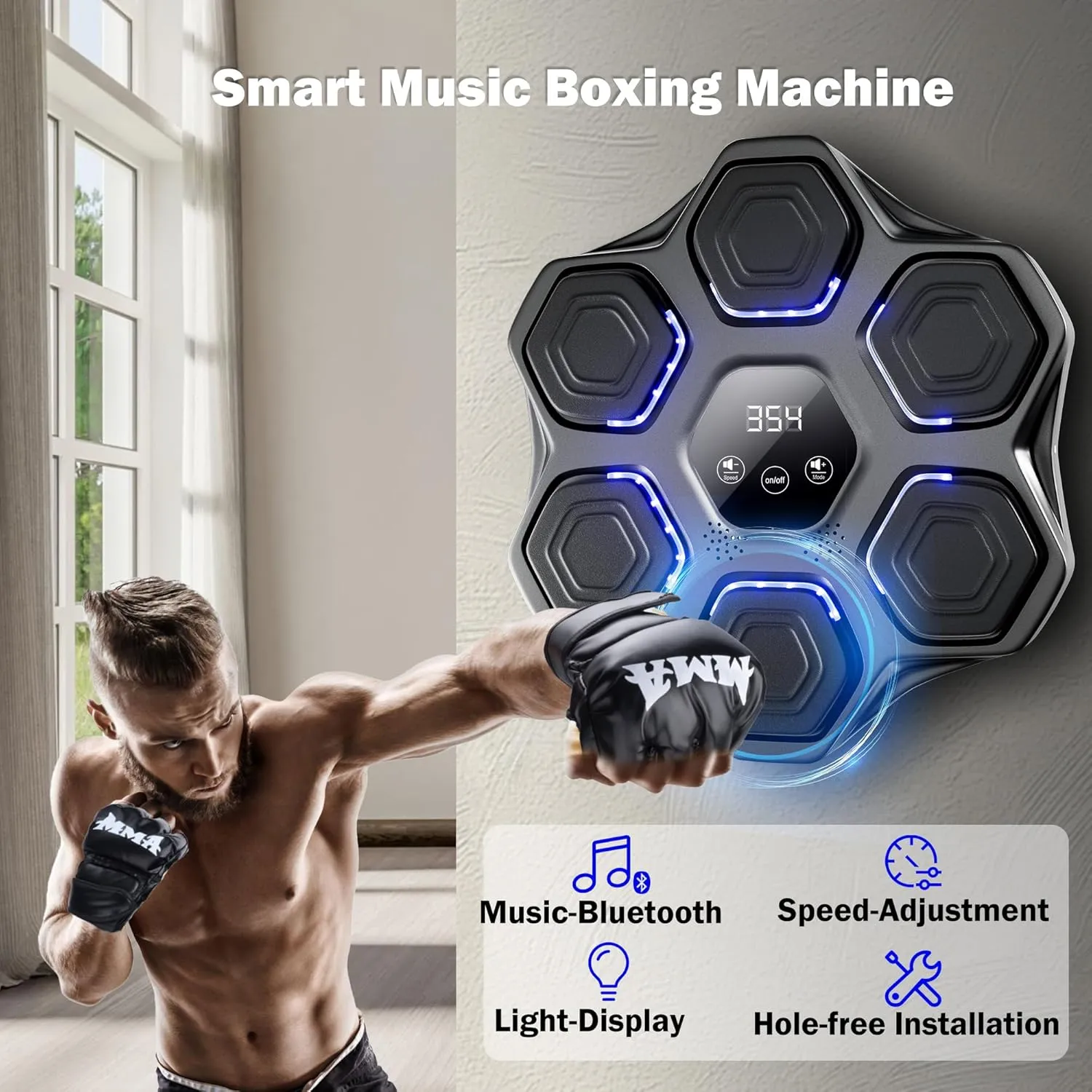 Music Boxing Machine, Wall Mounted Boxing Machine for Adults Kids, Bluetooth Smart Boxing Trainer with Boxing Gloves, Electronic Boxing Workout Equipment Target for Home Gym, 9 Modes & 9 Speeds