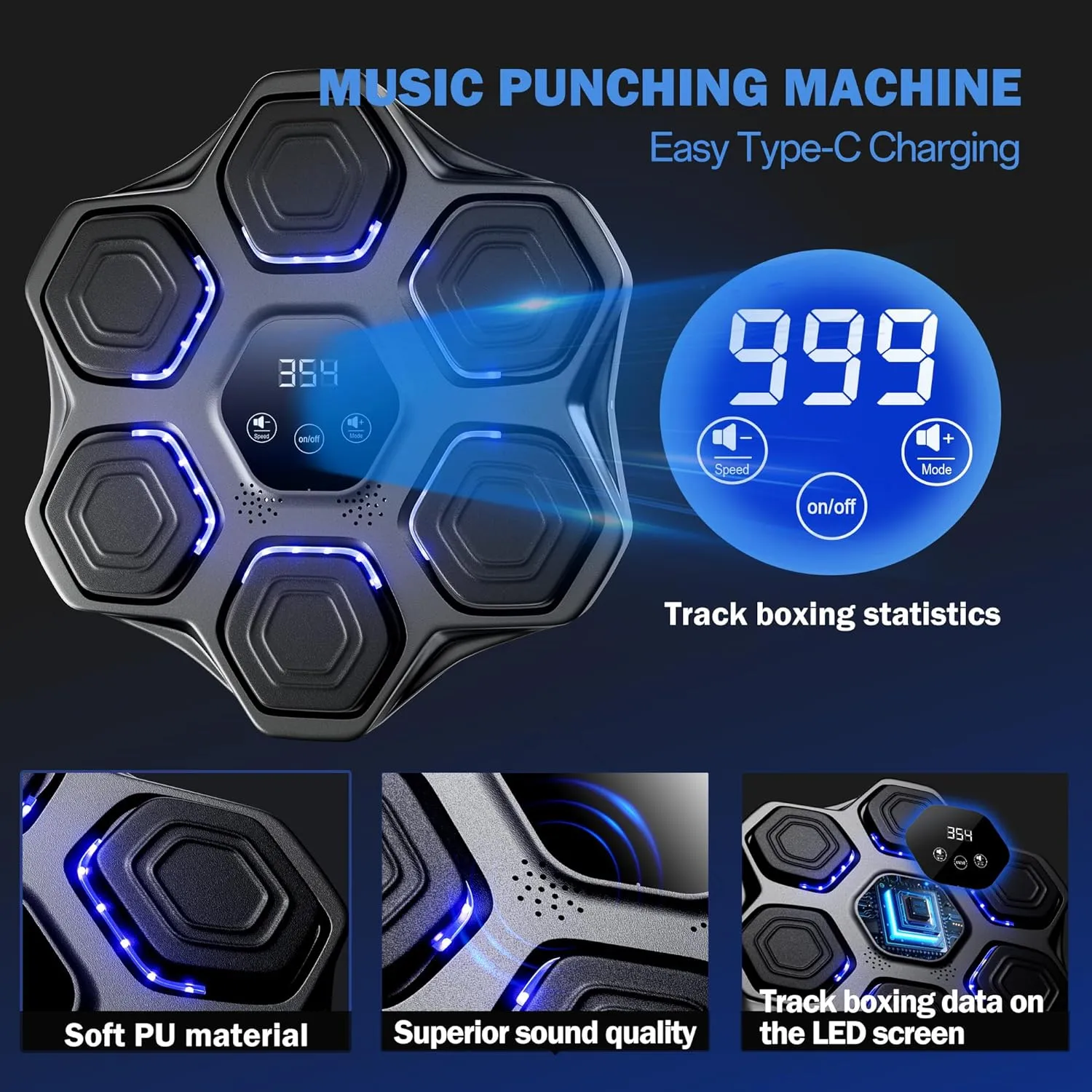 Music Boxing Machine, Wall Mounted Boxing Machine for Adults Kids, Bluetooth Smart Boxing Trainer with Boxing Gloves, Electronic Boxing Workout Equipment Target for Home Gym, 9 Modes & 9 Speeds