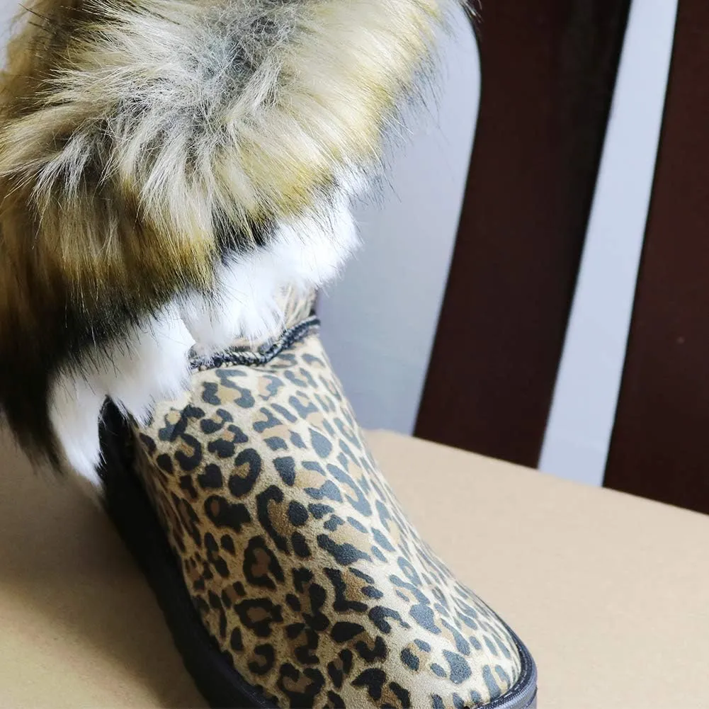 Naughtyangel Women Winter Warm Snow Ankle Boots Low Heels Faux Fox Rabbit Fur Tassel Shoes