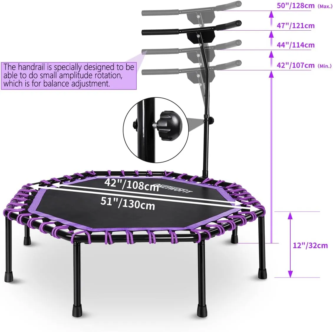 ONETWOFIT 51" Silent Trampoline with Adjustable Handle Bar, Fitness Trampoline Bungee Rebounder Jumping Cardio Trainer Workout for Adults…
