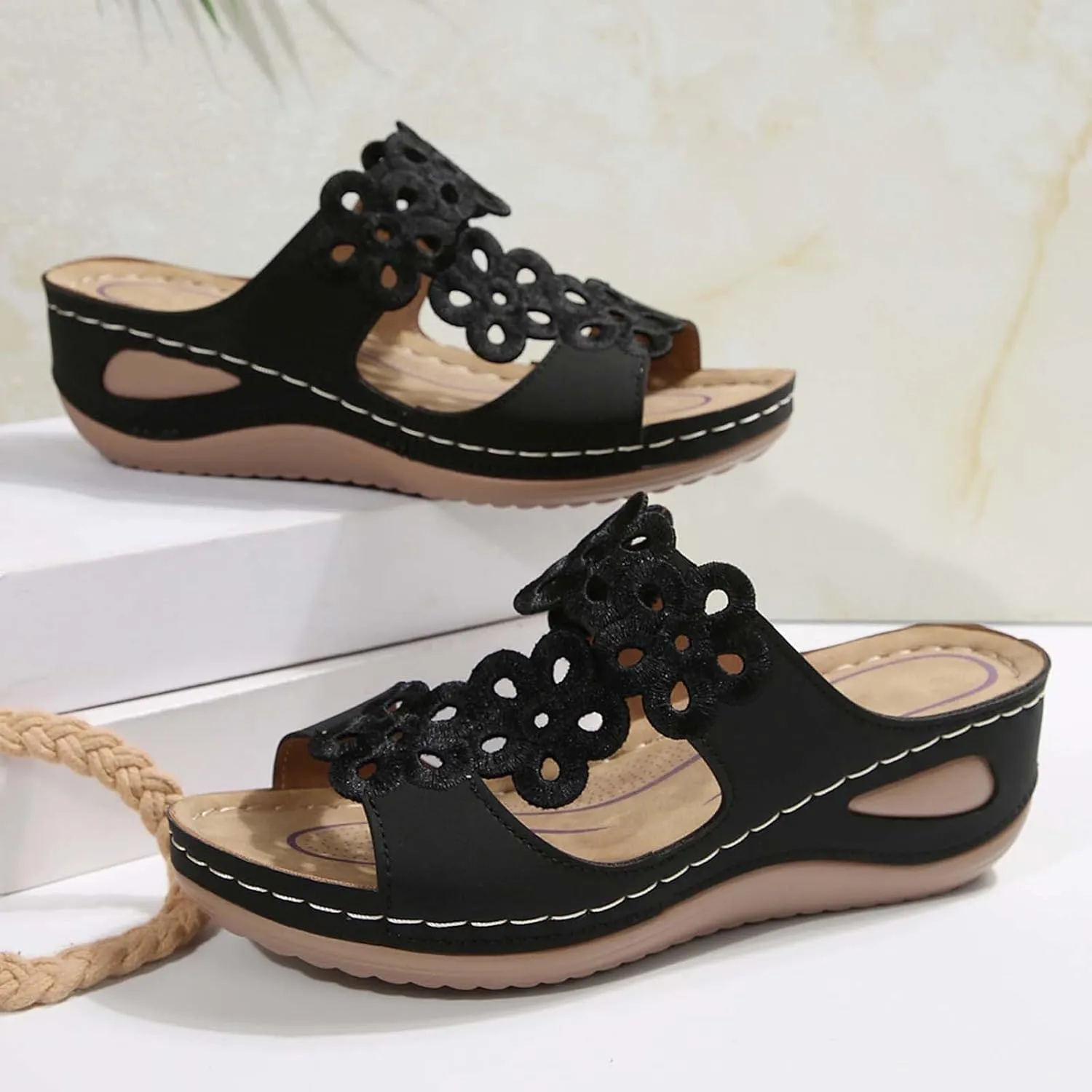 Orthotic Wedge Sandals for Women Dressy Summer Open Toe Low Platform Wedges Sandals Arch Support Flower Comfortable Casual Shoes