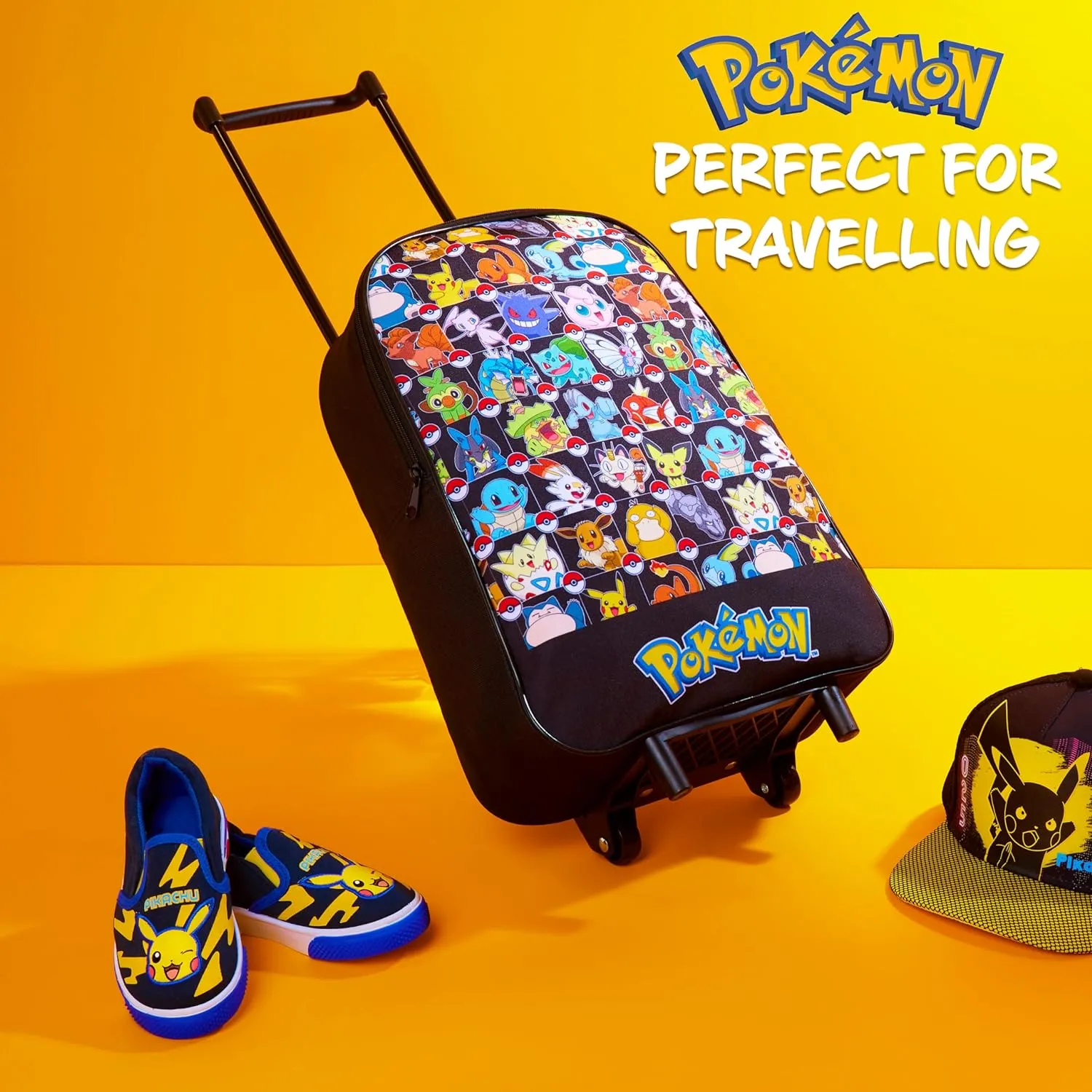 Pokemon Kids Foldable Trolley Suitcase 15”, 10.5 Litres 2 Wheels Black (S/15inch -10.5L, Black Aop)