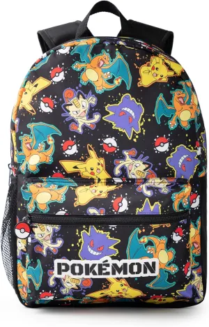 Pokémon Pikachu Charizard Gengar Meowth Backpack in Black | Kids Character All Over Print Bag | Adjustable Shoulder Straps
