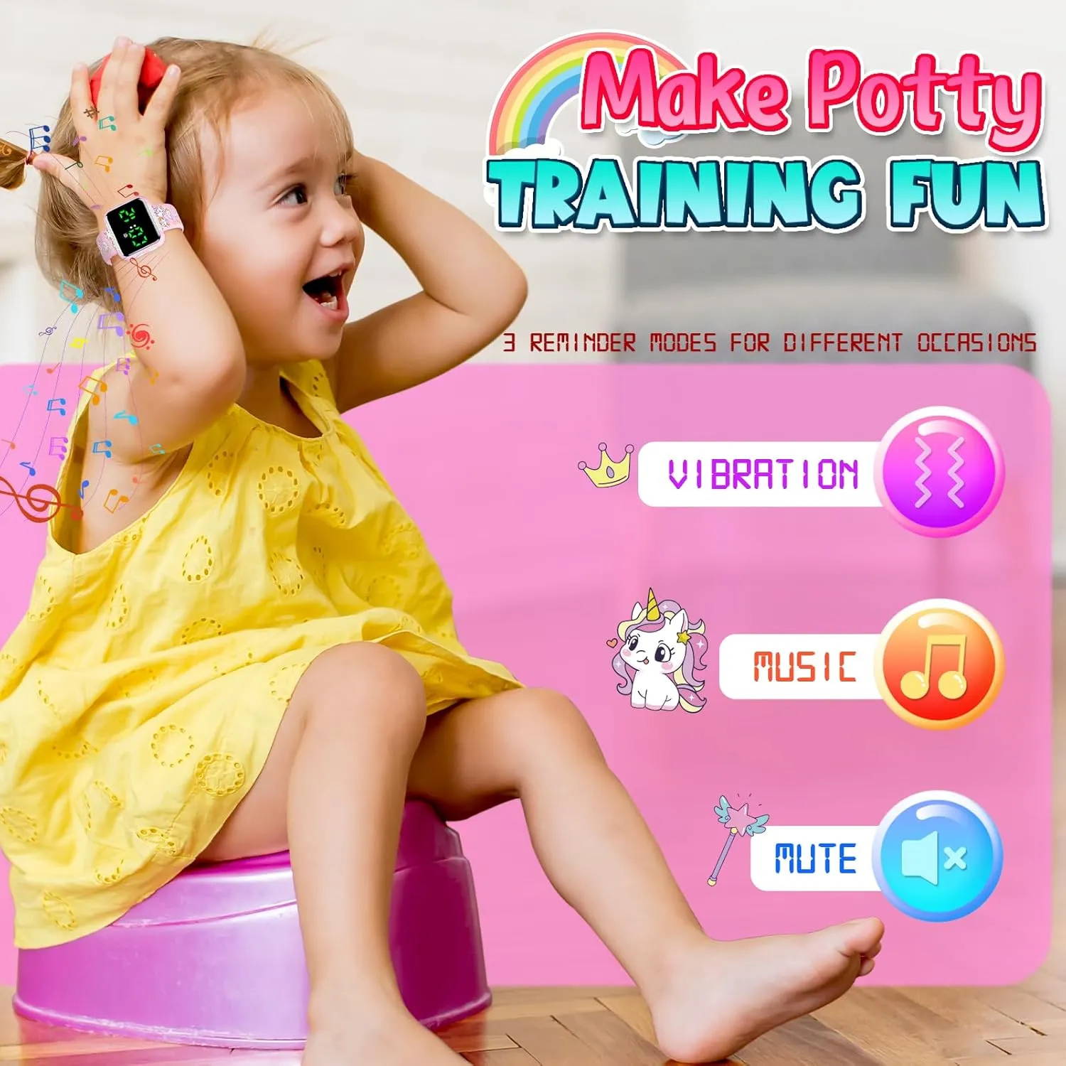 Potty Training Watch for Toddler Girls: Water Resistant Potty Reminder Watches for Kids Adjustable Volume Potty Trainer for Toddlers 1-3 for 2 3 4 Year Old Girl (Unicorn)