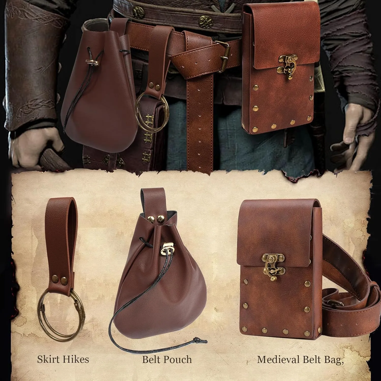 Ren Faire Costume Accessories Medieval Belt Pouch Coin Purse Skirt Hike Sets Festival Halloween Casual Fanny Pack Waist Bag (2-Brown)