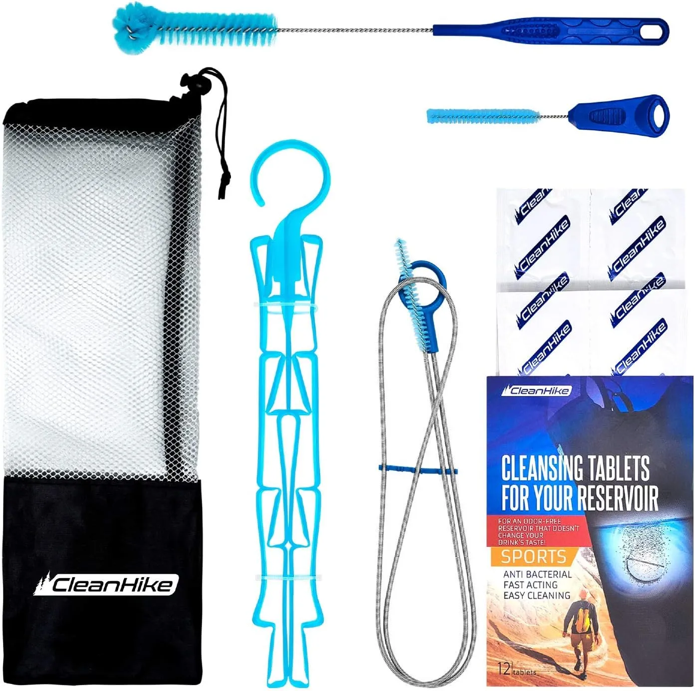 Reservoir Hydration Bladder Cleaning Kit - 6-In-1 Water Reservoir Cleaning Kit Of 3 Brushes, Collapsible Frame, (12) Cleansing Tablets & Carry Pouch - Cleaner Set For Back Pack Bladder