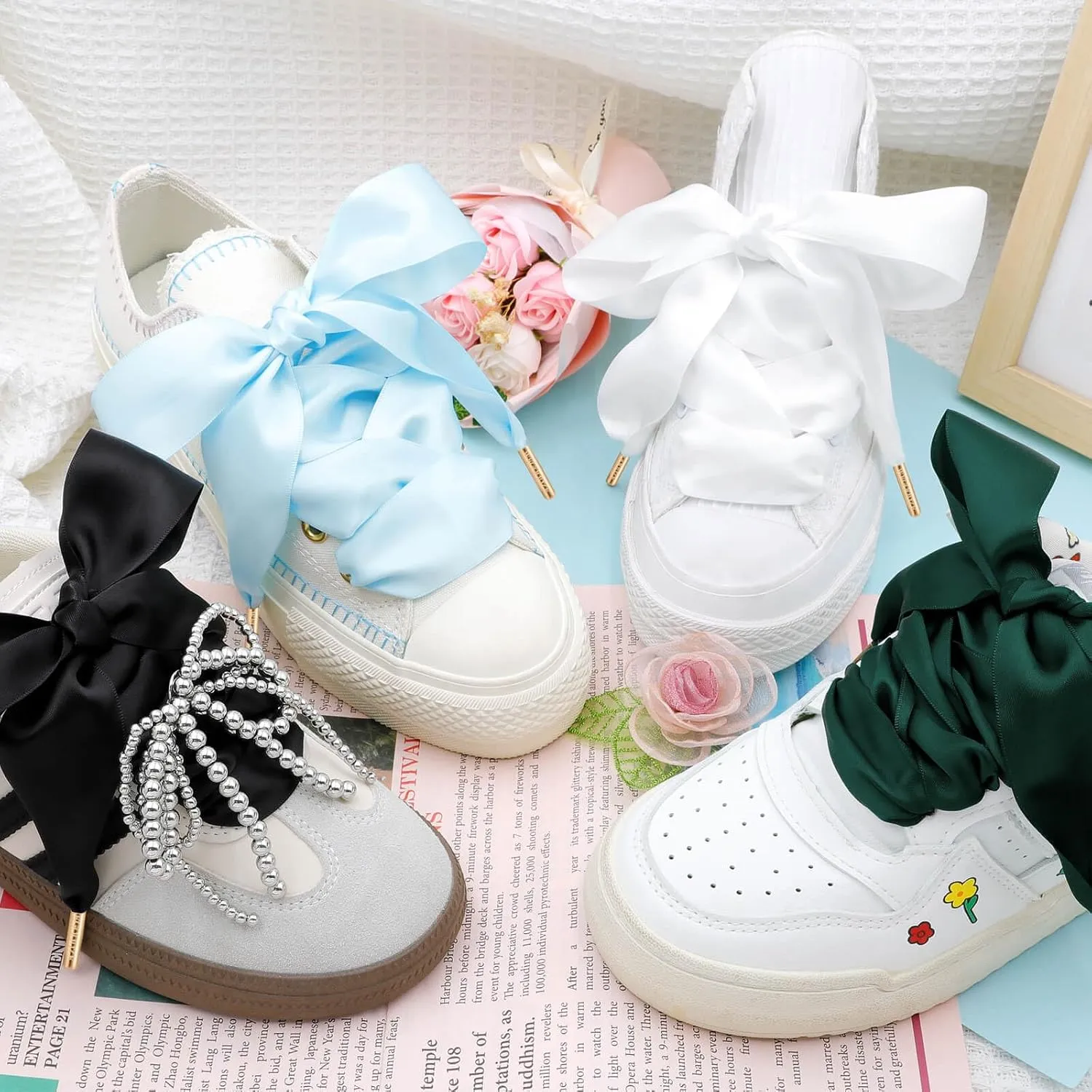 Ribbon Shoe Laces for Women: 3.8CM Wide Flat Satin Silk Shoelaces 2 Pairs
