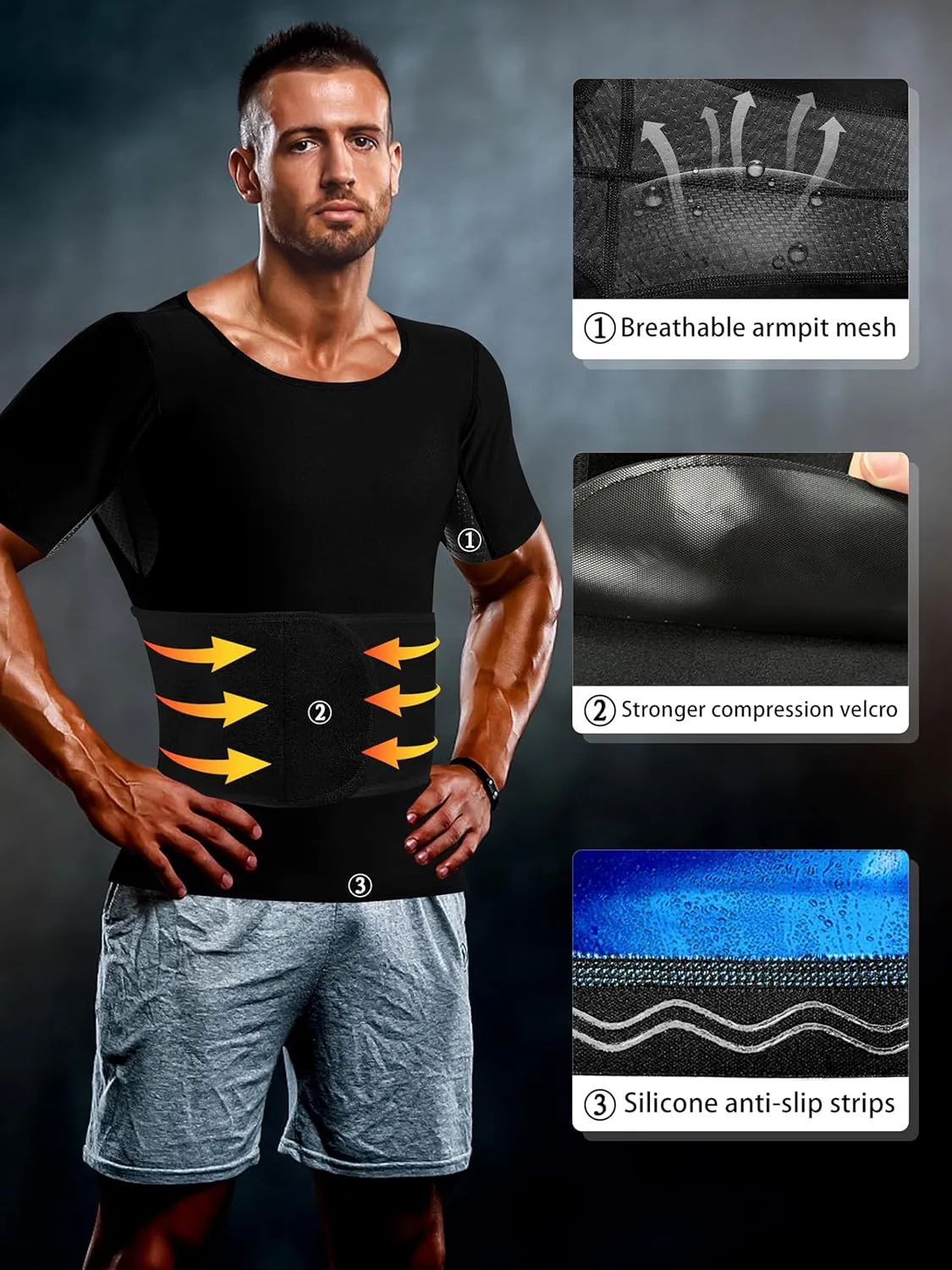 Sauna Shirt for Men Sweat Suit Slimming Top Heat Trapping Waist Trainer Shapewear, Adjustable Belt,Breathable Armpit