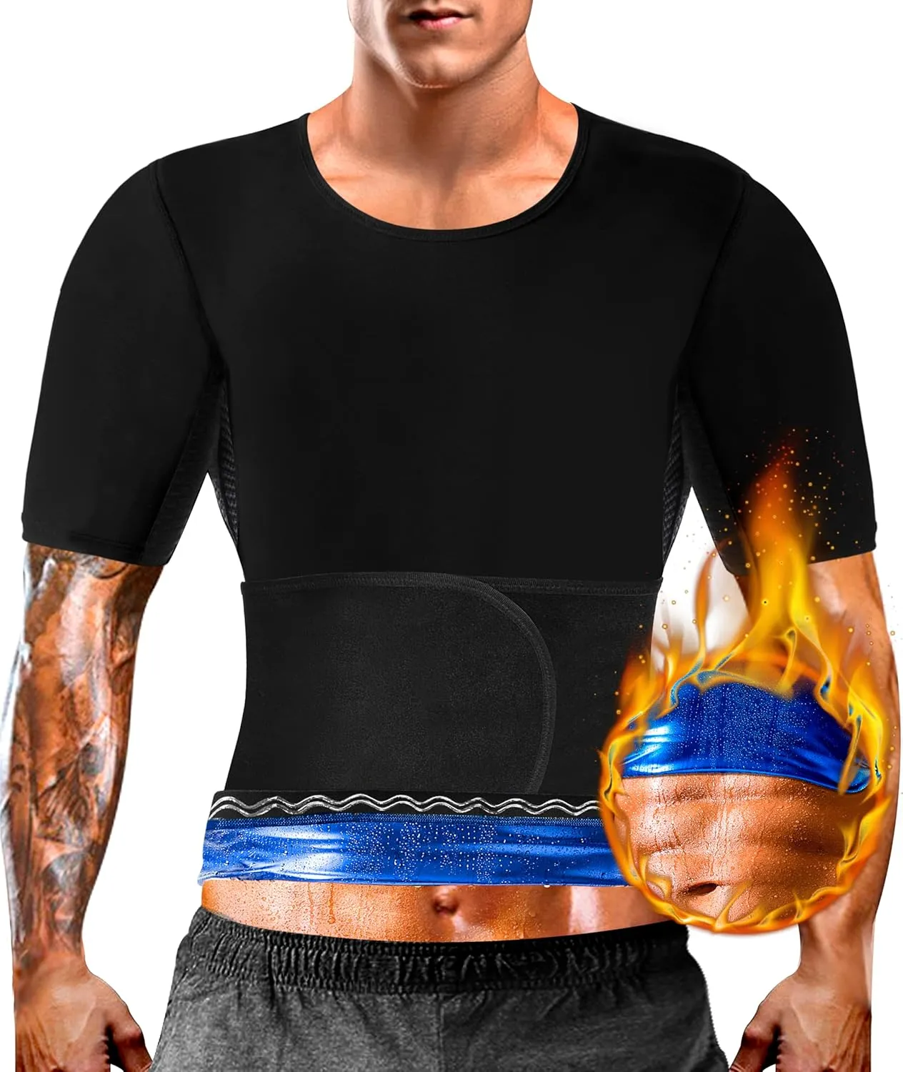Sauna Shirt for Men Sweat Suit Slimming Top Heat Trapping Waist Trainer Shapewear, Adjustable Belt,Breathable Armpit