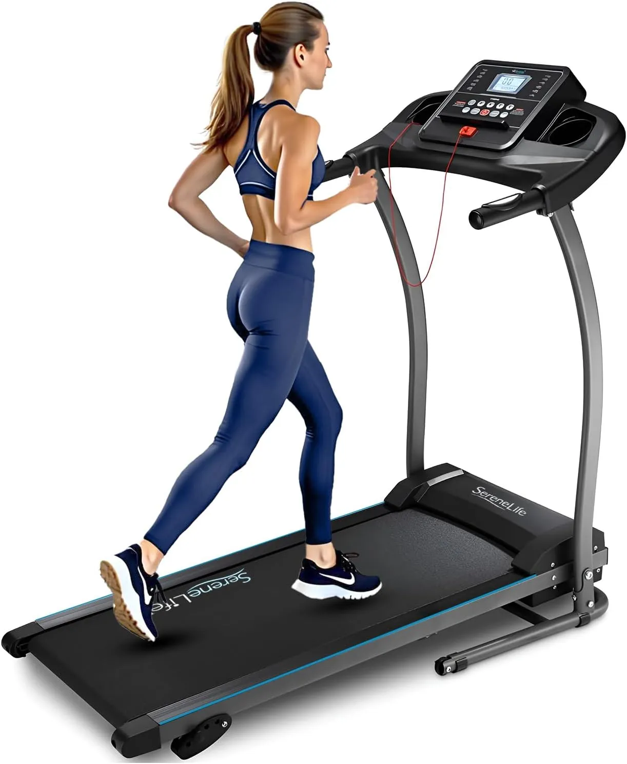 SereneLife Electric Folding Treadmill Exercise Machine - Smart Compact Digital Fitness Treadmill Workout Trainer w/Bluetooth App Sync, Manual Incline Adjustment, for Walking, Running, Gym