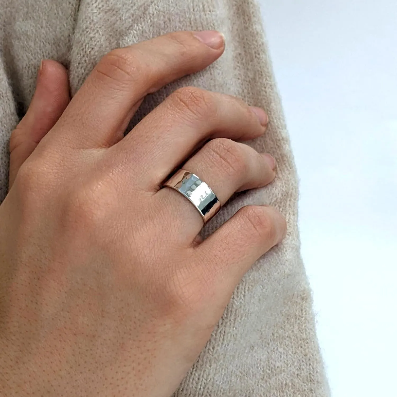 Silverly 925 Sterling Silver Hammered Rings - 8 mm Flat Wedding Band - Classic Design - Stacking Rings for Women and Men - Minimalist Wedding Rings and Hers