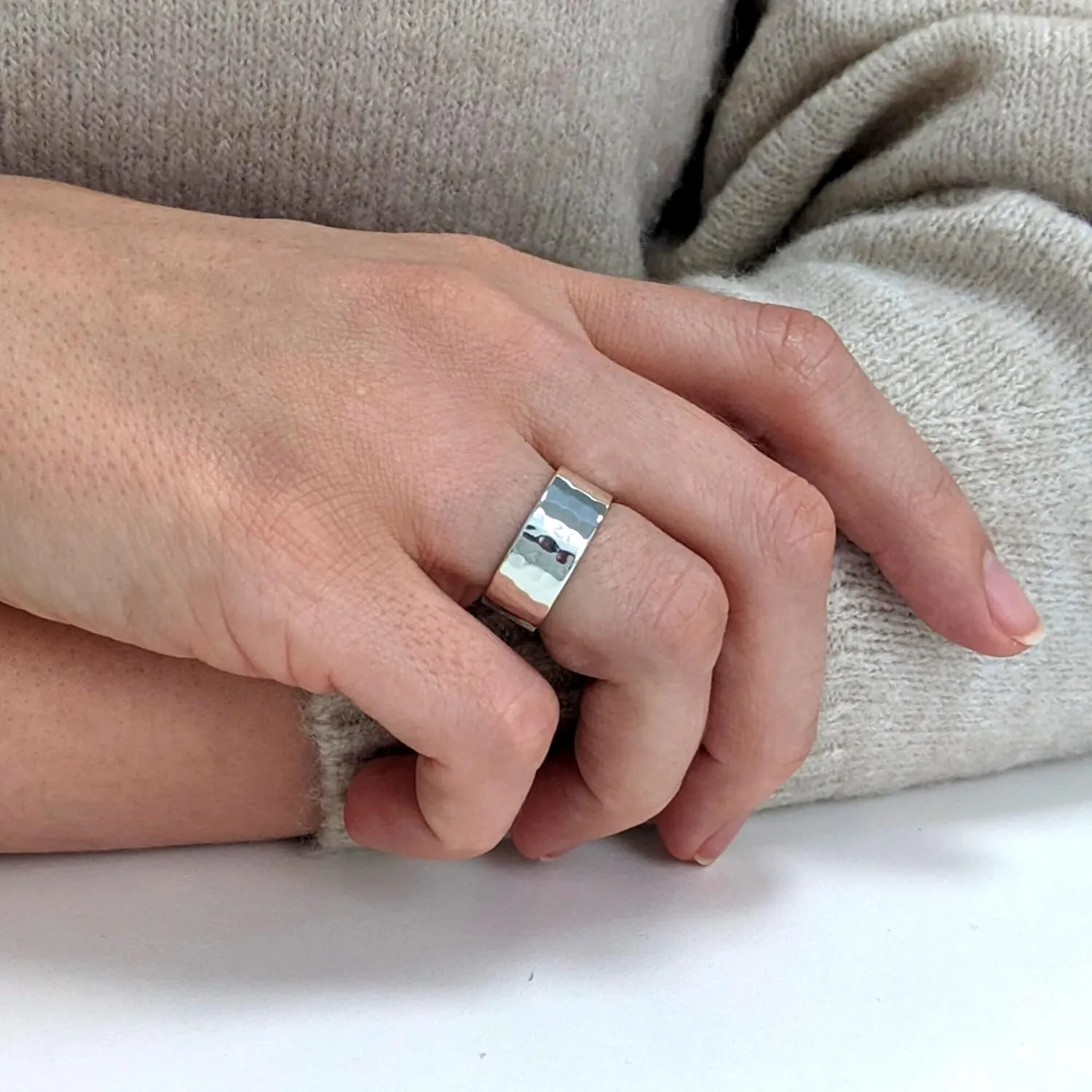 Silverly 925 Sterling Silver Hammered Rings - 8 mm Flat Wedding Band - Classic Design - Stacking Rings for Women and Men - Minimalist Wedding Rings and Hers