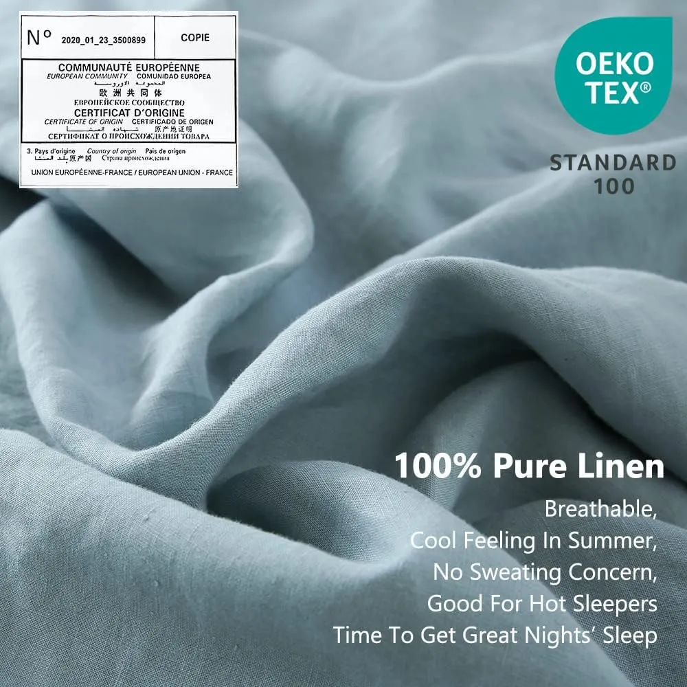 Simple&Opulence 100% Linen Sheet Set with Embroidery Washed - 4 Pieces (1 Flat Sheet & 1 Fitted Sheet & 2 Pillowcases) Natural Flax Soft Bedding Breathable Farmhouse - Dusty Blue, King Size