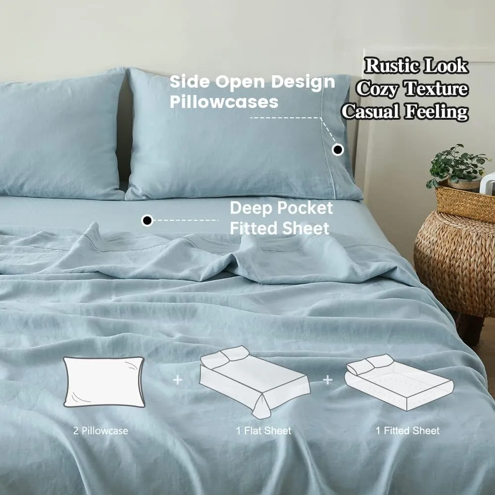 Simple&Opulence 100% Linen Sheet Set with Embroidery Washed - 4 Pieces (1 Flat Sheet & 1 Fitted Sheet & 2 Pillowcases) Natural Flax Soft Bedding Breathable Farmhouse - Dusty Blue, King Size