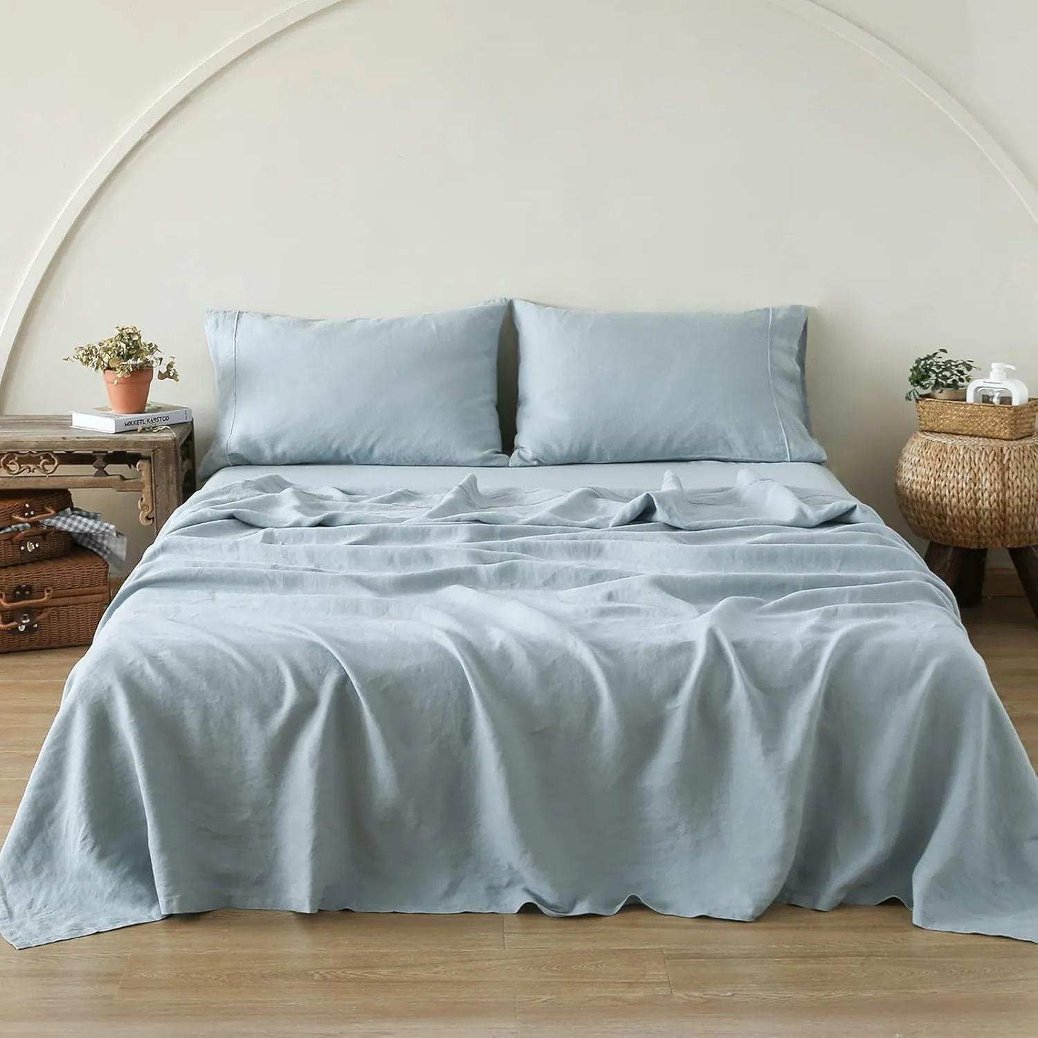 Simple&Opulence 100% Linen Sheet Set with Embroidery Washed - 4 Pieces (1 Flat Sheet & 1 Fitted Sheet & 2 Pillowcases) Natural Flax Soft Bedding Breathable Farmhouse - Dusty Blue, King Size