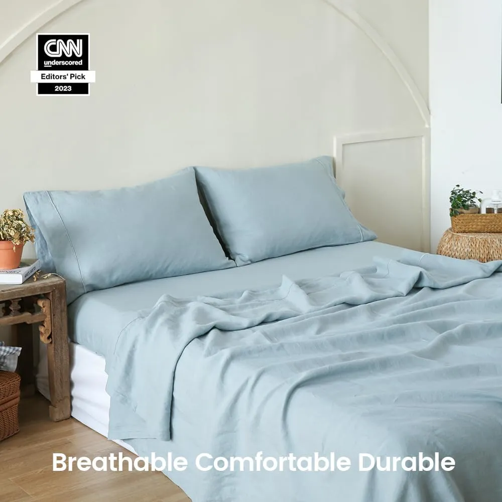 Simple&Opulence 100% Linen Sheet Set with Embroidery Washed - 4 Pieces (1 Flat Sheet & 1 Fitted Sheet & 2 Pillowcases) Natural Flax Soft Bedding Breathable Farmhouse - Dusty Blue, King Size