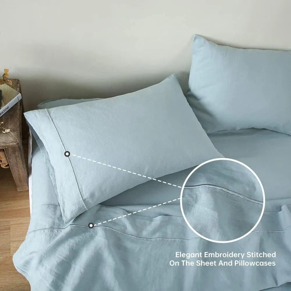 Simple&Opulence 100% Linen Sheet Set with Embroidery Washed - 4 Pieces (1 Flat Sheet & 1 Fitted Sheet & 2 Pillowcases) Natural Flax Soft Bedding Breathable Farmhouse - Dusty Blue, King Size
