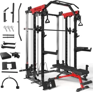 Smith Machine, 2000LBS Power Cage Squat Rack with Cable Crossover System, Functional Trainer, and LAT Pulldown System, Multi-Function Weight Cage, and More Cable Attachments for Home Gym