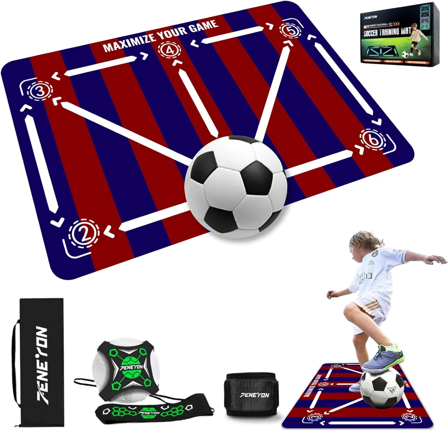 Soccer Training Mat with Adjustable Soccer Trainer - Non-Slip Soccer Training Equipment for Kids Youth to Boost Speed, Strength & Coordination | Soccer Trainer for Indoor/Outdoor Drills