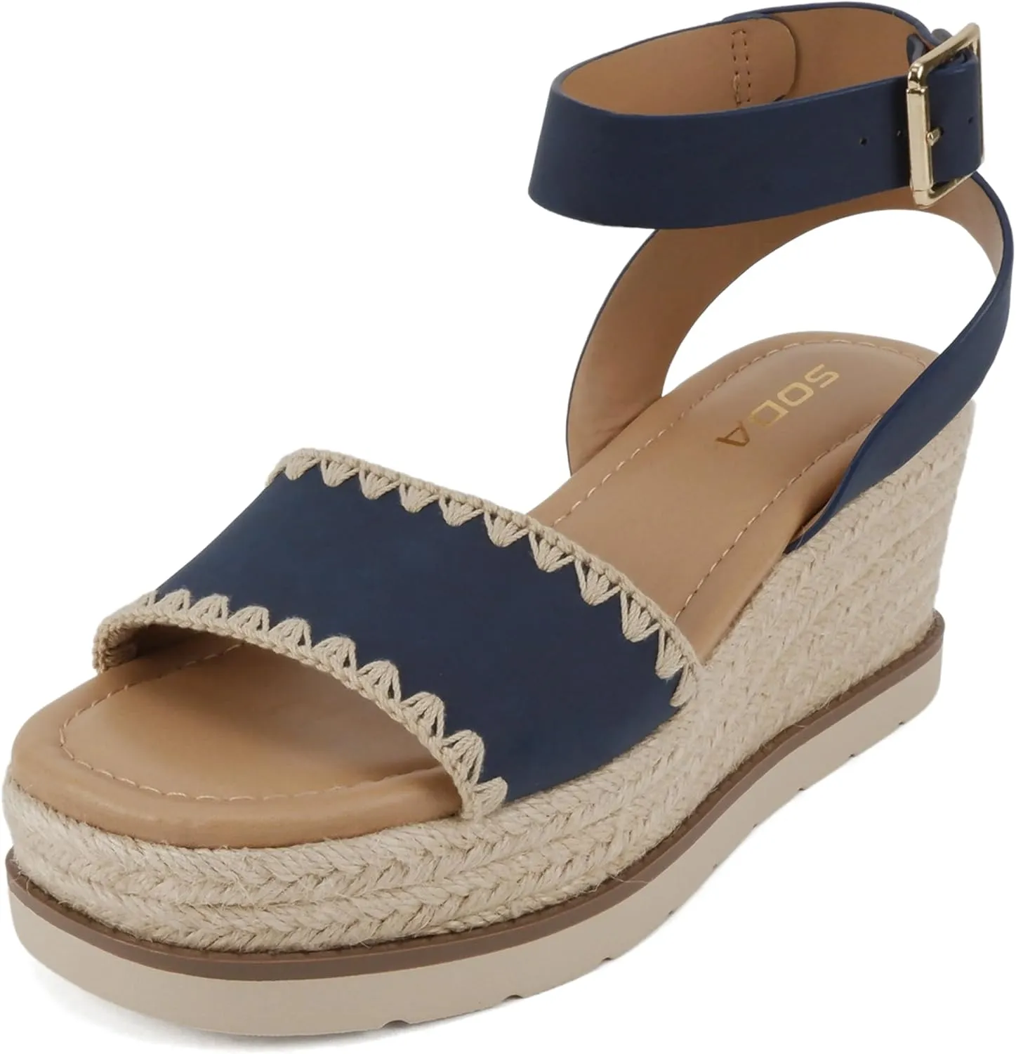 Soda “Laguna” ~ Women Square Toe Stitched Single Band Low Heel Espadrille Wedge Sandal with Adjustable Ankle Strap