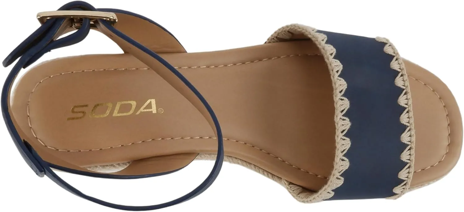 Soda “Laguna” ~ Women Square Toe Stitched Single Band Low Heel Espadrille Wedge Sandal with Adjustable Ankle Strap