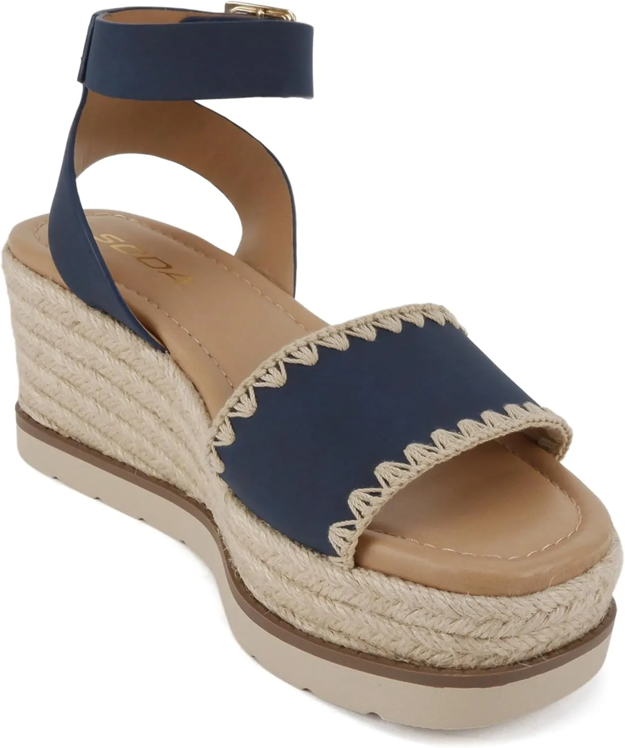 Soda “Laguna” ~ Women Square Toe Stitched Single Band Low Heel Espadrille Wedge Sandal with Adjustable Ankle Strap