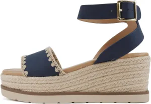 Soda “Laguna” ~ Women Square Toe Stitched Single Band Low Heel Espadrille Wedge Sandal with Adjustable Ankle Strap