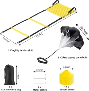 Speed Agility Ladder Training Set, Soccer Football Training Equipment Includes 12 Rung 20Ft Agility Ladder, 12 Disc Cones, 4 Steel Stakes, Resistance Parachute & Carry Bag