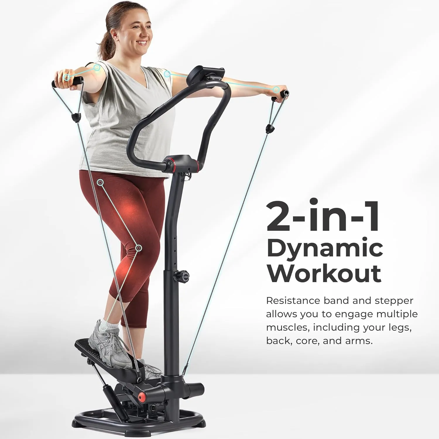 Sunny Health & Fitness 2-in-1 Premium Power Stepper with Resistance Bands, Low-Impact Cardio, Space-Saving, Height-Adjustable, with Enhanced Bluetooth Connectivity with Free SunnyFit App