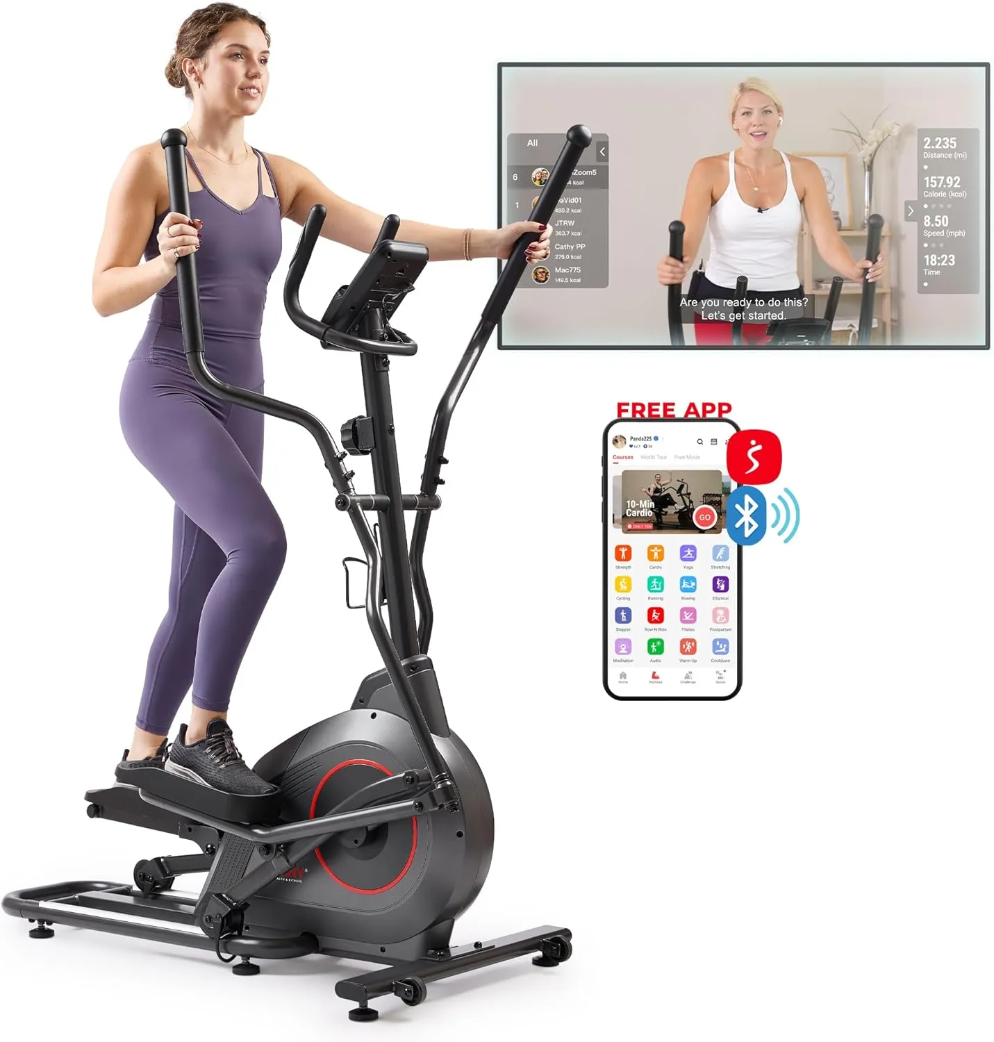 Sunny Health & Fitness 2-in-1 Smart Upright Elliptical Full-Body Exerciser w/Pulse Sensors, Home Cross-Training Cardio Workout Machine, Free SunnyFit App Bluetooth Link, Optional Long Stride Length