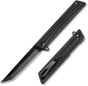 Tanto Pocket Knife for Men, Slim Flipper Open D2 Steel Folding knife with Durable G10 Handle, Cool EDC Knives with Pocket Clip for Camping Hiking (Black)