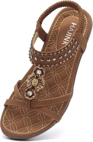 Women Sandals Comfortable Bohemian Flats Walking Strap Elastic Slip On Casual Beach Sandal Shoes for Summer