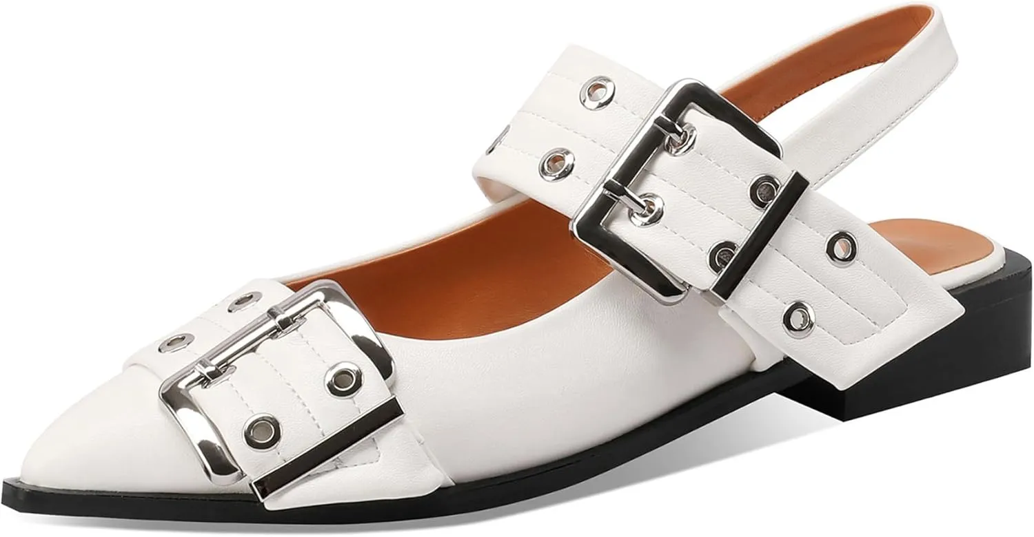 Women‘s Adjustable Buckle Flats Comfortable Slingback Sandals Pointed Toe Feminine Buckle Ballerinas