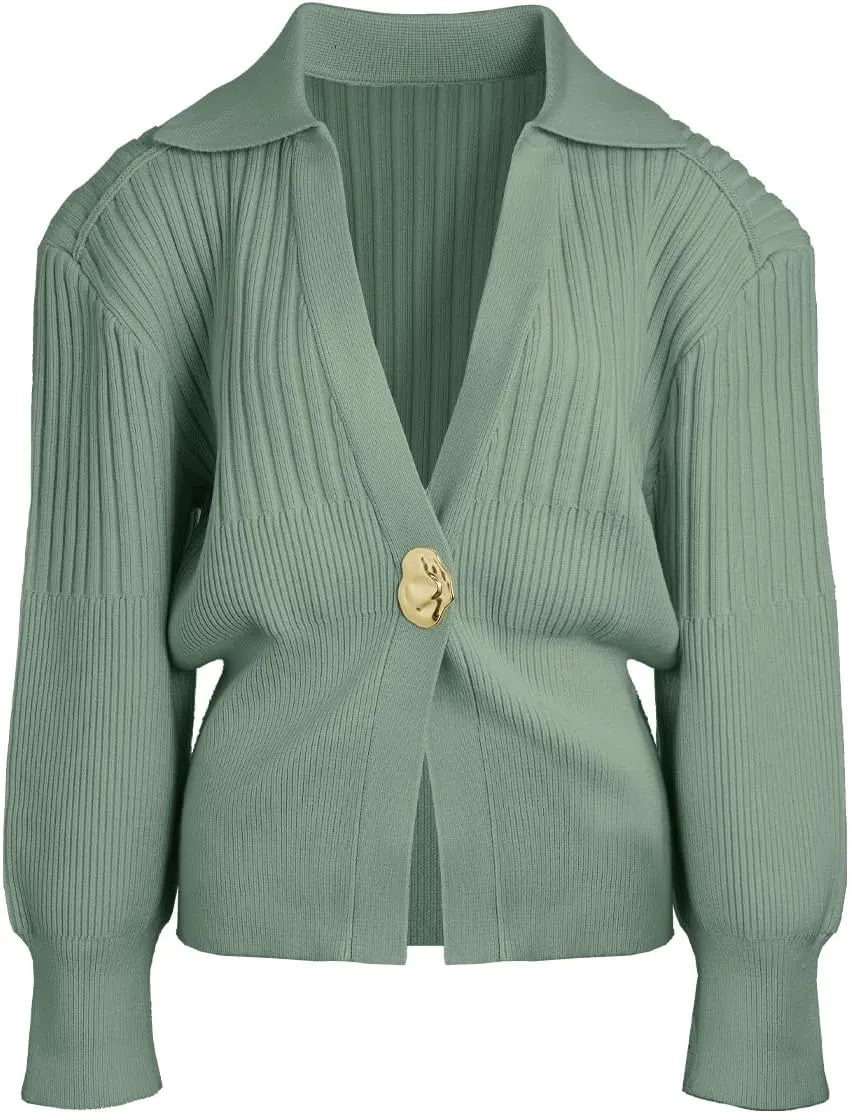 Women's Cardigan V-Neck Lapel Long Sleeve Knitted Cropped Casual Sweater with Metal Button 2025