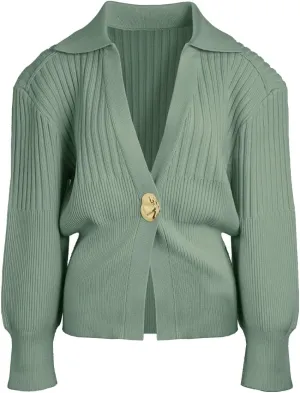 Women's Cardigan V-Neck Lapel Long Sleeve Knitted Cropped Casual Sweater with Metal Button 2025