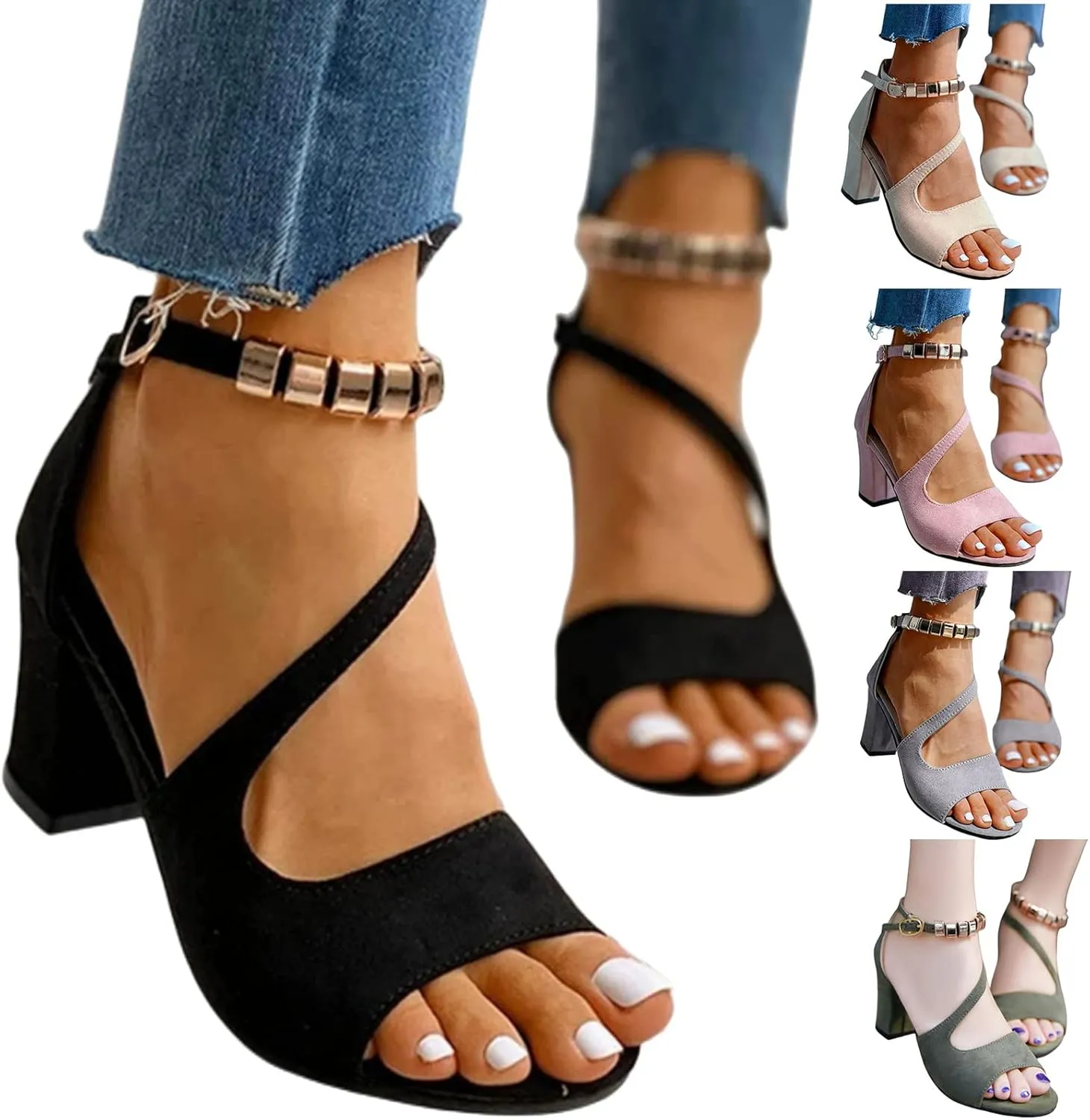 Womens Chunky Block Heels Open Toe Ankle Strap High Heeled Sandals, Wedding Party Dress Pump Shoes Casual Comfortable Summer Low Heel Sandals
