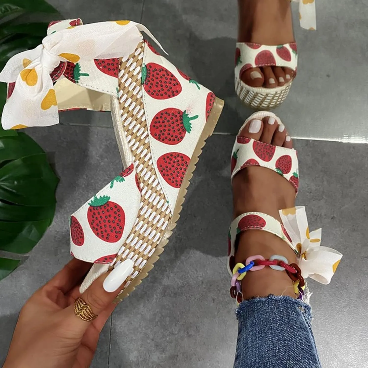 Womens Espadrille Wedges Sandals Heels Open Toe Tie Lace Up Platform Ankle Strap Summer Dress Shoes, Elegant Floral Classic Bowknot Wedge Sandals
