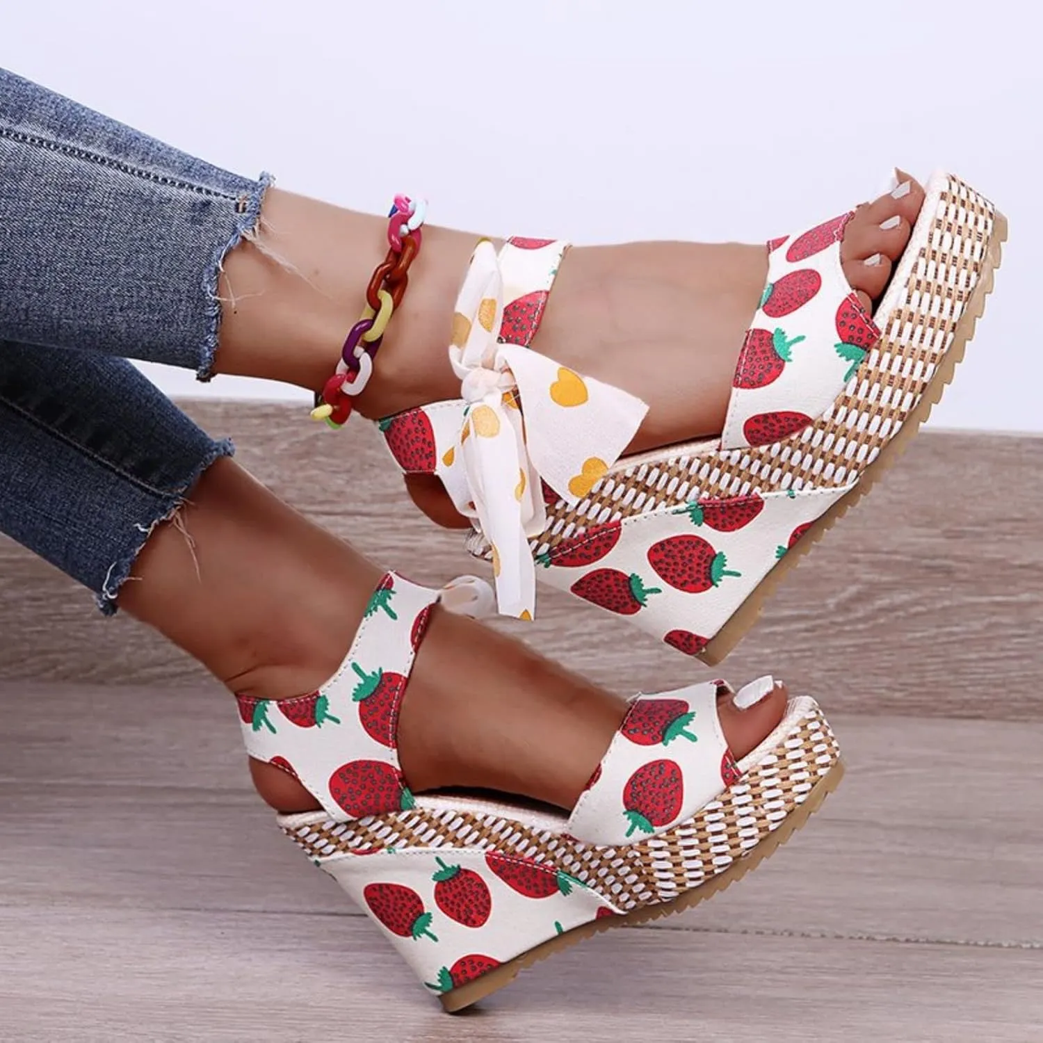Womens Espadrille Wedges Sandals Heels Open Toe Tie Lace Up Platform Ankle Strap Summer Dress Shoes, Elegant Floral Classic Bowknot Wedge Sandals