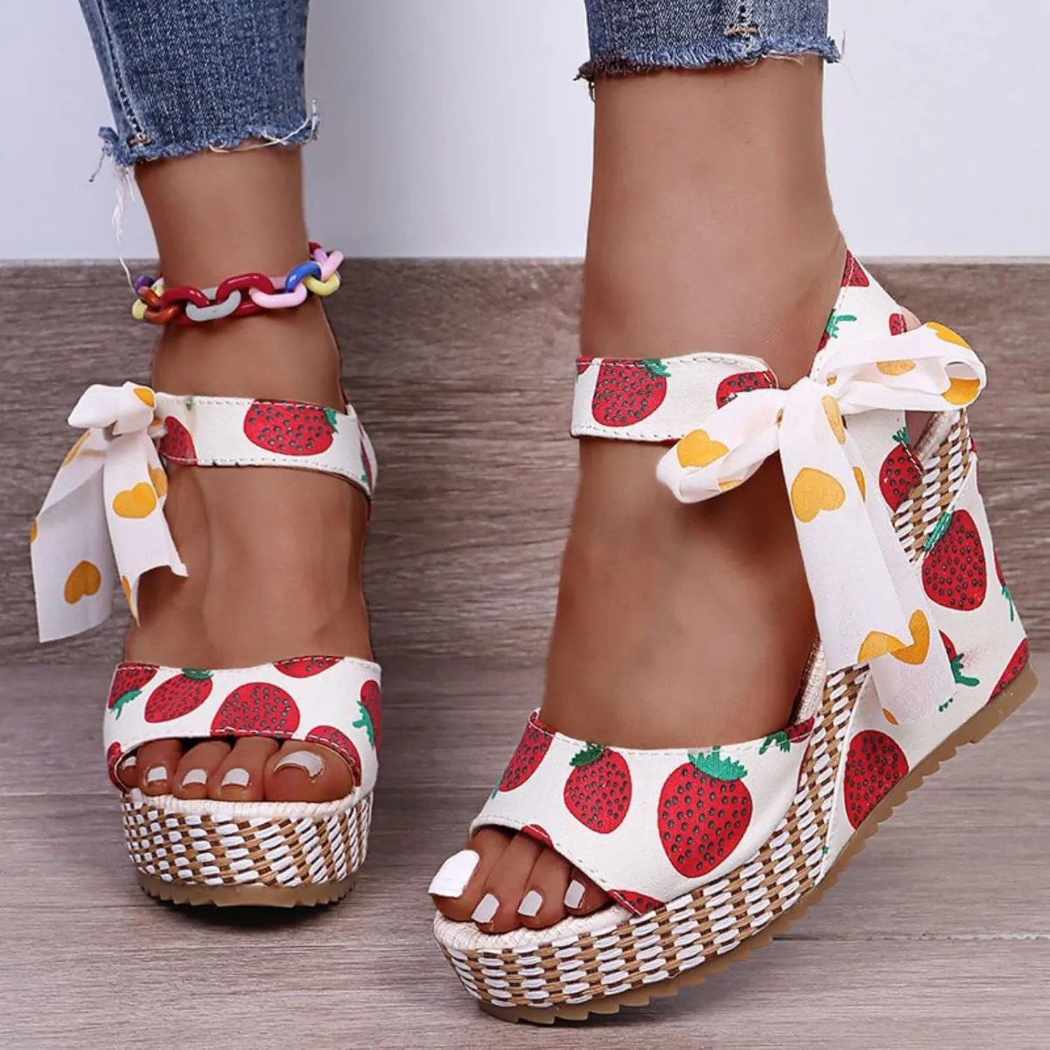 Womens Espadrille Wedges Sandals Heels Open Toe Tie Lace Up Platform Ankle Strap Summer Dress Shoes, Elegant Floral Classic Bowknot Wedge Sandals