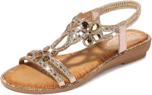 Women's Flat Sandals Summer Beach Sandal T-Strap Rhinestone Beaded Bohemia Shoes