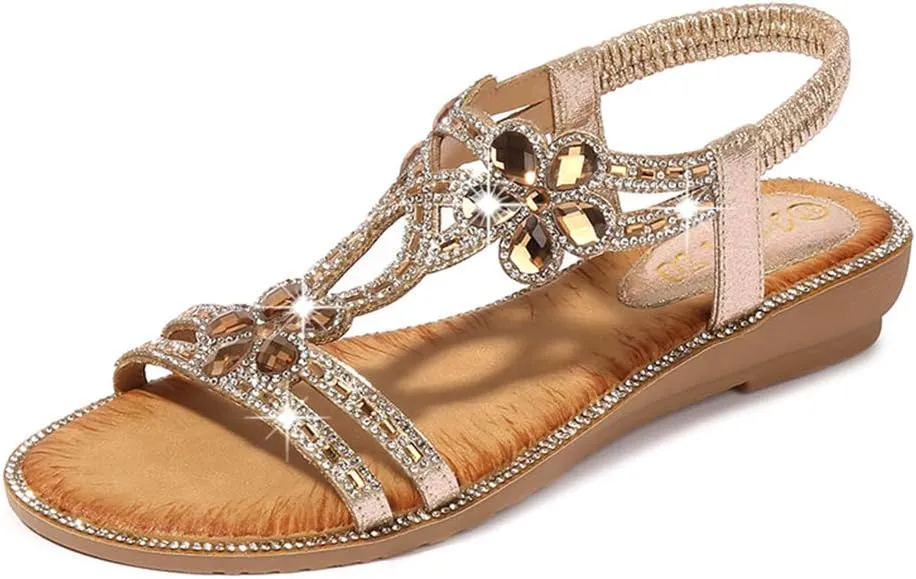 Women's Flat Sandals Summer Beach Sandal T-Strap Rhinestone Beaded Bohemia Shoes