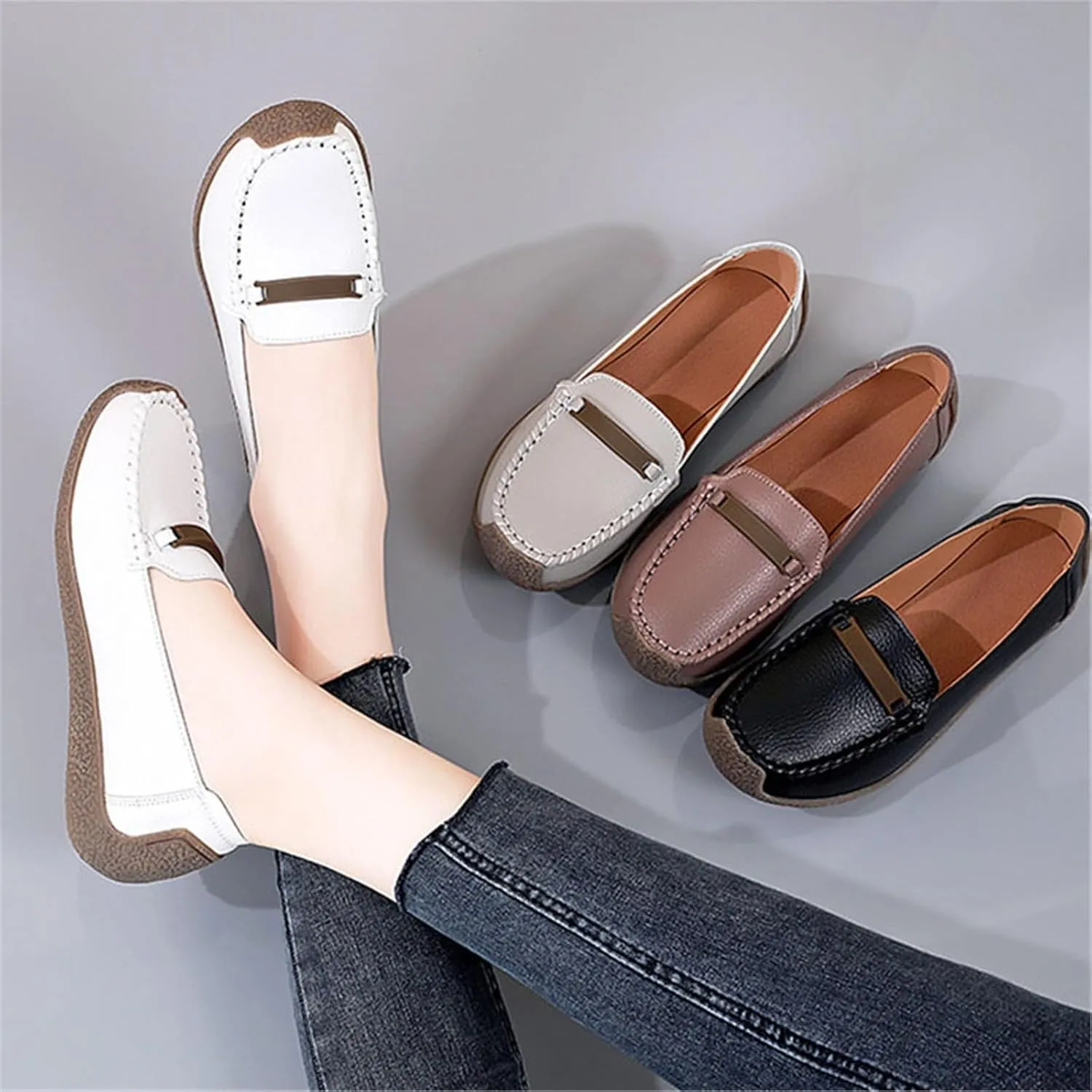 Women's Leather Loafers, Waterproof Slip-On Non-Slip Breathable Nurse Shoes for Women's, Lightweight Walking Wedge Sneaker, for Medical Care, Hospital, Driving Work