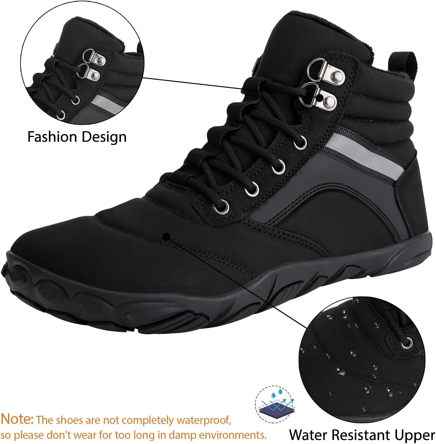 Womens Mens Winter Barefoot Boots Warm Minimalist Wide Toe Box Snow Boots Zero Drop Sole Outdoor Water Resistant Ankle Booties