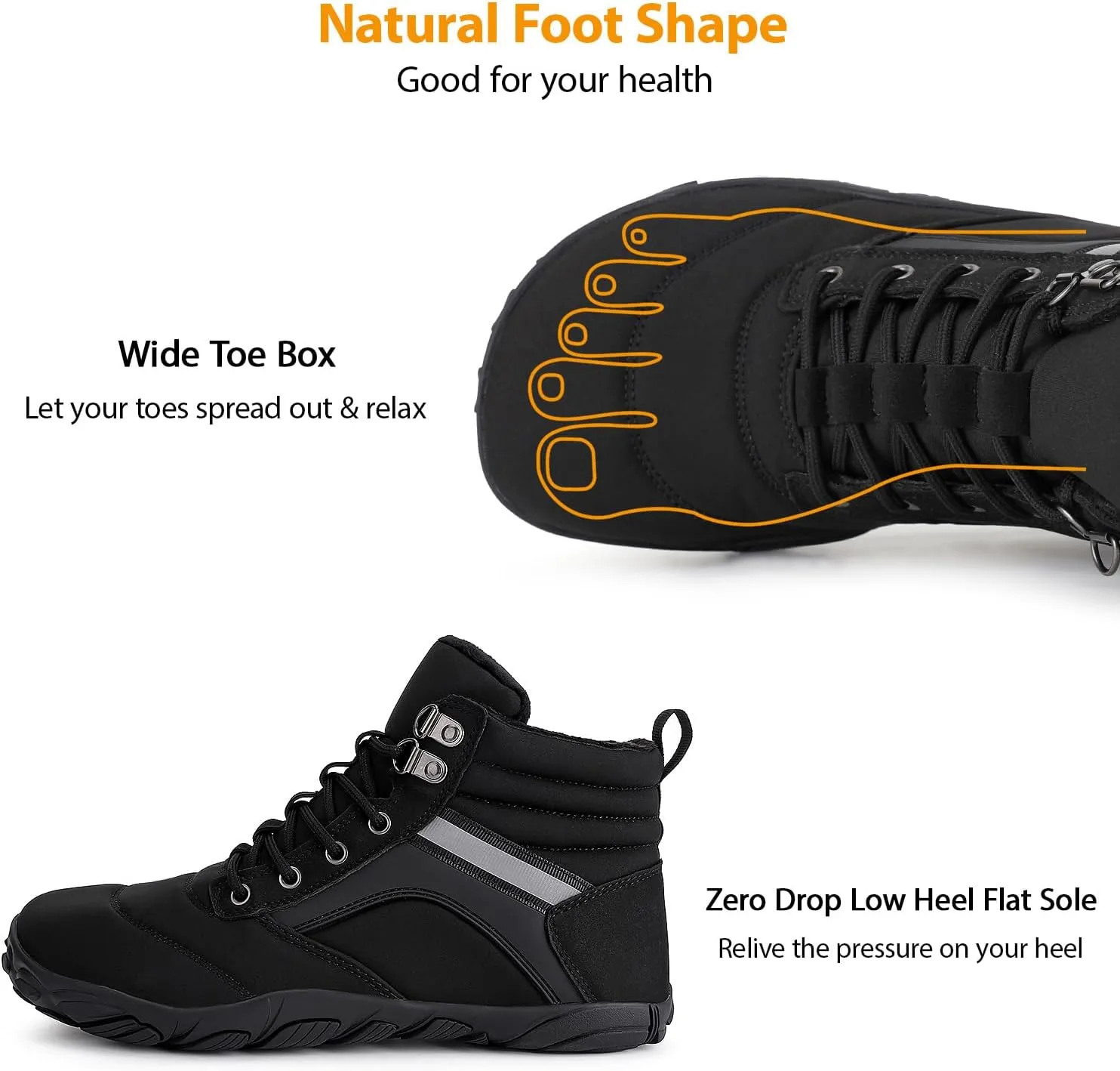 Womens Mens Winter Barefoot Boots Warm Minimalist Wide Toe Box Snow Boots Zero Drop Sole Outdoor Water Resistant Ankle Booties